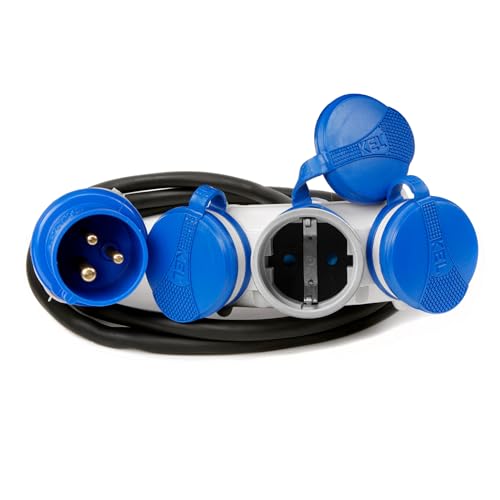 KEL Camping CEE Adapter Gummi Verlängerungssteckdose 1,5m - 3-Fach Kupplung 230V / 16A Dreifach-Schuko-Steckdosen, Kabelquerschnitt 3 x 2,5, IP44 für den Außeneinsatz, Camping, Caravan und Wohnwagen