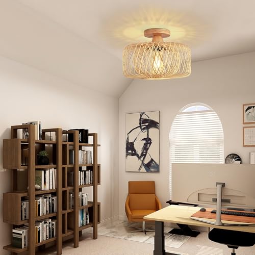GZZBMY Luminária de teto de montagem embutida com sombra de bambu tecida lustre de vime luminária de