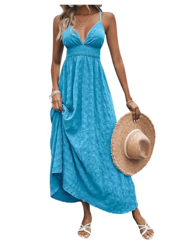 Image of Milumia Women's Summer V Neck Backless Maxi Dress Boho Spaghetti Strap A Line Flowy Beach Long Sundress