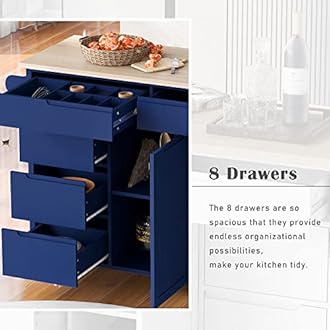 Versatile Kitchen Island Cart with Rubber Wood Countertop and 8 Handle-Free Drawers,A Flatware Organizer and 5 Wheels,for Kitchen,Dining Room,Living Room (Dark Blue@Q)