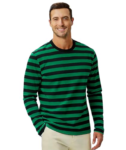 Image of KESIHAN Mens Striped Long Sleeve Shirt Crewneck Casual Basic Stripe Tee | Crewneck long sleeve striped tee with cotton spandex fabric,casual regular fit basic style for daily wear and layering.