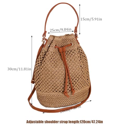 Straw Bucket Bag, Straw Shoulder Bag, Bucket Purse, Strap Beach Wicker Purse Drawstring Closure, Woven Crossbody Bag for Women Vacation, Green4