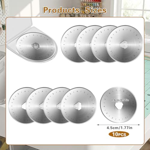 UPEOXT 10 Pack 45mm Rotary Cutter Blades, SKS-7 Steel Replacement Refills for Quilting Sewing Crafts, Sharp Rolling Razor Blade Compatible with Olfa Fiskars 45mm Cutters, with Storage Case - 1