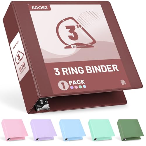 Sooez 3 Ring Binder 3 Inch, Large Binder with Pocket, Burgundy Red, 8.5x11