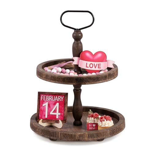 Mustry Rustic Wooden 2 Tiered Tray, Round Farmhouse Kitchen Table Decor Serving Tier Tray, Food Fruits Cupcake Display Coffee Bar Home Party Seasonal Decorations (Brown)