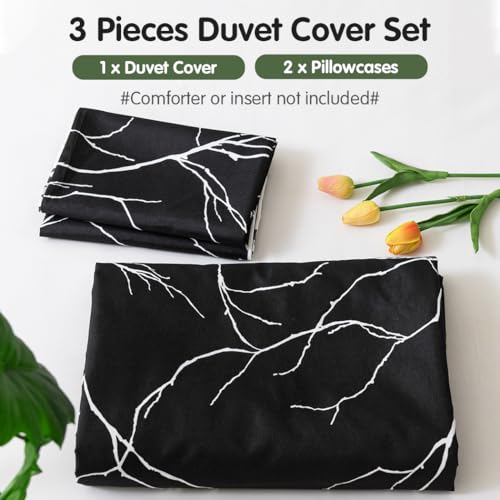 Image of Lekesky Reversible Duvet Cover King Size, Black White Branch Comforter Cover King 3pcs Microfiber Botanical Bedding Set with Zipper Closure Corner Ties