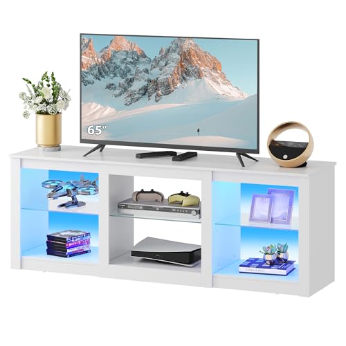 WLIVE RGB LED TV Stand for 65-Inch TV, 58-Inch Entertainment Center with Adjustable Glass Shelves, Modern Media Console for Living Room & Bedroom, White