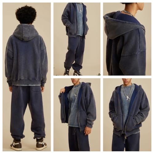 Mens Womens 2 Pcs Zip Up Oversized Hoodie Vintage Acid Wash Heavyweight Fleece Cotton Zipper Hoodies4