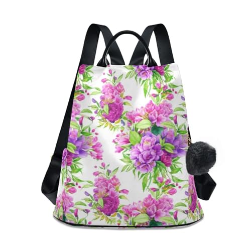 Mochila antirrobo floral morada femenina morral de viaje seguro con pompon suave