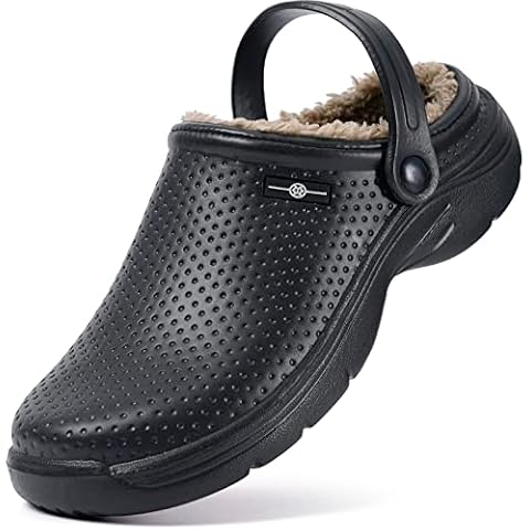 Women Garden Shoes Winter Mens Lined Clog Warm Garden Slippers Waterproof Gardening Clogs Slip-on Mules House Slippers Kitchen Work Clogs Black-A Size 10.5UK=Label Size 45 Cover