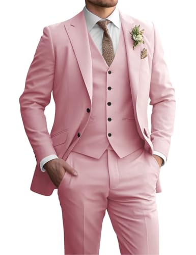 TUXBURNTXZ Men's Wedding Suits Pink 3 Piece Slim Fit Suits for Men Formal Business Dinner Prom Tuxedos S