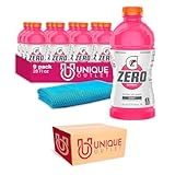 Gatorade Zero 9-Pack of Thirst Quencher Electrolyte Enhanced Sports Drink 28 fl oz Plastic Bottle + 1 Microfiber Cooling Towel by Unique Outlet Brand (28 fl oz, Berry)