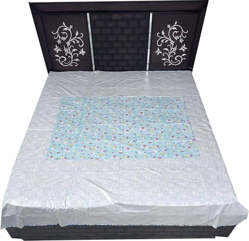 Image of Waterproof PVC Plastic Mattress Protector Double Bed Flat Bedsheet with Elastic for Babies Girls & Boys (Green Printed)