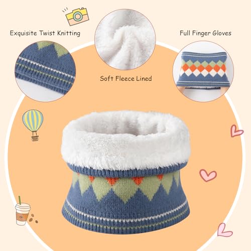 Comfoex 3 Pcs Kids Winter Hat Scarf Gloves Set Boys Girls Knit Neck Warmer Fleece Lined Children Beanie Hat Set for Ages 4-84