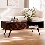 Bme Georgina Solid Wood Coffee Tables for Living Room, Coffee Table Mid Century Modern with 2 Symmetrical Storage Drawers & Geometric Details, Fully Assembled Center Table, Walnut