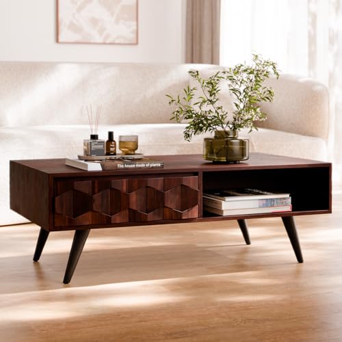 Bme Georgina Solid Wood Coffee Tables for Living Room, Coffee Table Mid Century Modern with 2 Symmetrical Storage Drawers & Geometric Details, Fully Assembled Center Table, Walnut