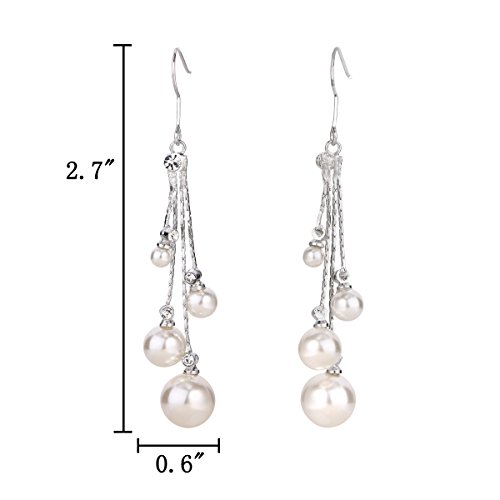 Elequeen Women's Silver-Tone Crystal Simulated Pearl 4 Chain Bridal Long Dangle Hook Earrings Ivory Color #TOP5
