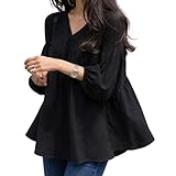 [link bleu] リンクブルー ブラウス Vネック フレア シャツ 無地 シンプル 7分 袖 切り替え レディース (ブラック、XL)