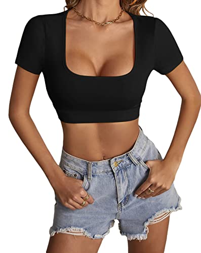 LYANER Women's Summer Crop Tops Square Neck Short Sleeve Workout Shirt Going Out Sexy Top Basic Slim Fit Tees