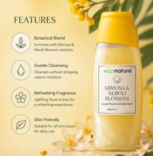 Image of Econature Shower Gel & Body Wash for Men & Women | Peach & Avocado, Mimosa & Neroli Blossom, Blackcurrant & Bearberry Variants | Refreshing & Moisturizing Bath Gel | All Skin Types (Mimosa & Neroli Blossom Body Wash)