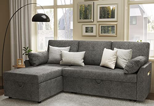 Papajet Sofa Bed, 2 in 1 Sofa Sleeper with Storage Chaise-Pull Out Couch Bed for Living Room, Sleeper Couch with Pull Out Bed Grey