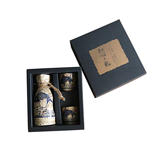 JDH Ceramic Sake Set ~ 3 Piece Porcelain Sake SetJapanese Wine Sake Carafe Cups for Cold and Hot SakeGift Boxed with Kanji Calligraphy