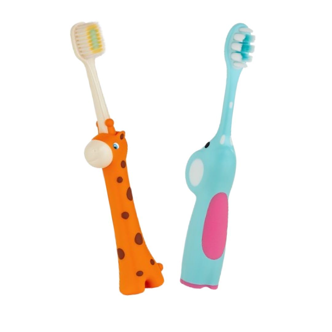 BeeBaby Brush Buddy Baby Toothbrush for Kids 3-6 Years, Ultra Soft Tapered Bristles Toddler Toothbrush for Milk & Permanent Teeth, BPA Free Easy Grip Toothbrush for Sensitive Gums, Pack of 2. Giraffe Orange_Elephant Blue-image-32