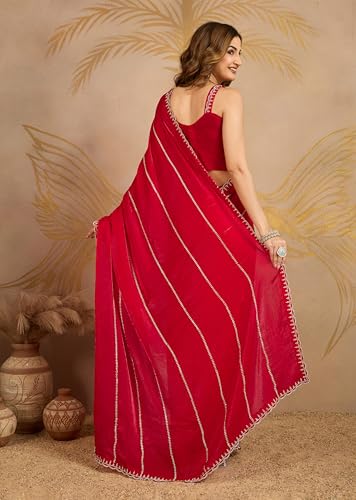 Image of TRENDMALLS Women's Satin Siroski With Zarkan Work Saree with Unstitched Blouse Piece