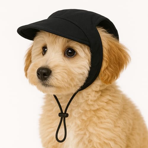 Image of Buraq Pets Dog Baseball Cap, Pet Sun Hats with Ear Holes, Sport Hat for Medium, Large, Doggies Adjustable Drawstring Puppies, Cats, Visor Hat (Black, M)