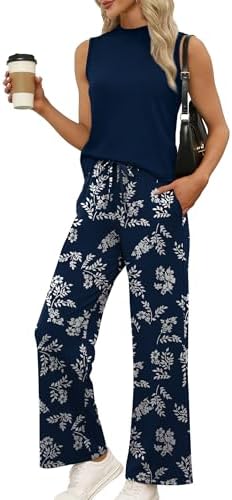 WIHOLL Two Piece Set for Women Summer Spring Outfits Cruise Travel Airport Beach Vacation Trendy Lounge Sets Mock Neck Matching Women Clothing Wide Leg Pants Set M - 1