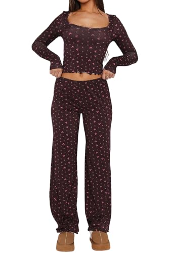 Dressmine Womens Casual Pajamas Set 2 Piece PJs Sexy Long Sleeve Cropped Tops Lounge Outfits 2025 Fall Pants Clothing Sets