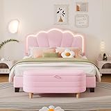 SOFTSEA Bedroom Set Full Size, Full Size Upholstered Platform Bed with LED Light and Storage Ottoman, 2 Pieces Bedroom Furniture Set, 2 Piece Pink Bedroom Furniture Set