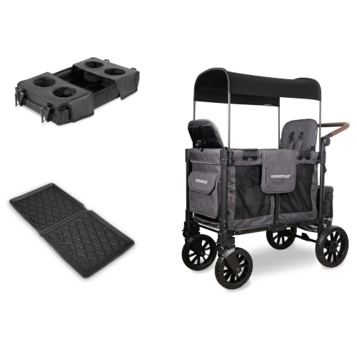 Image of WonderFold W2 Luxe Pro Bundle - 2-Seater Stroller Wagon with All-Weather Floor Mat and Flex Snack Tray, Safety-Certified with 5-Point Harnesses - Gray