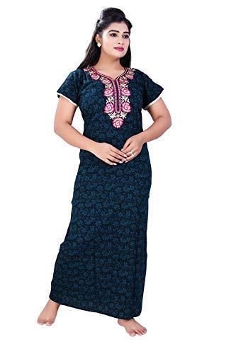 Zairra Women's Cotton Comfortable and Embroidery Multicolour Printed Full Length Night Gown (Navy Blue , Free Size )