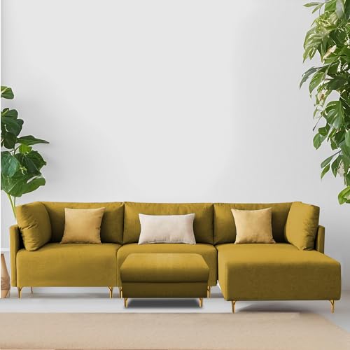 Image of Carina RHS 4 Seater L Shape Sofa Set with Center Table for Living Room (Yellow Fabric) Premium Fabric Sofa