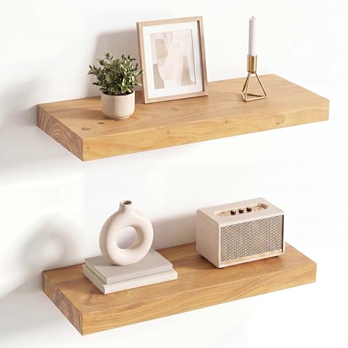 Solid Wood Floating Shelves 20 Inch, Flat Edge, Heavy-Duty, Elm, 2pcs