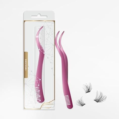 2 in 1 Lash Tweezer with Comb, Stainless Steel Elbow Tweezers, Tweezers Eyelash Extension, Precise Eyebrow Tweezers Tool, Lashes Tweezer Applicator for DIY Applying False Eyelashes Clusters, Rose Cover