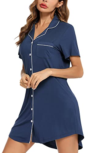 Image of Samring Pajama Nightgown for Women Short Sleeve Button Down Boyfriend Night Gown Nightdress Sleep Shirts