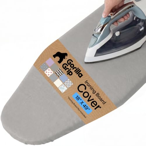 GORILLA GRIP Ironing Board Cover Silicone Coating 400F Scorch and Stain Resistant with Extra Thick Padding Fits Over Wide Boards Heavy Duty Hook and Loop Fastener Strap Silver 18x49