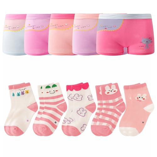 (5pack+5pair Girls Cat Boyshorts Underwear with Pink Cotton Crew Ankle Socks for Age 6-8 Years