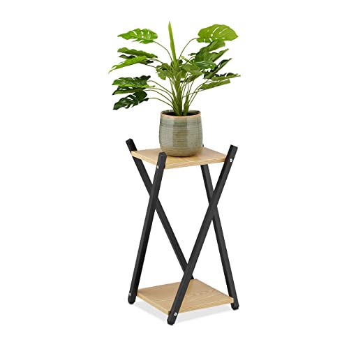 Relaxdays Soporte Macetas, 2 Baldas Efecto Madera, Metal, Taburete Plantas Moderno, 57 x 29 x 29 cm, Negro/Marrón Claro, Tablero de Fibras