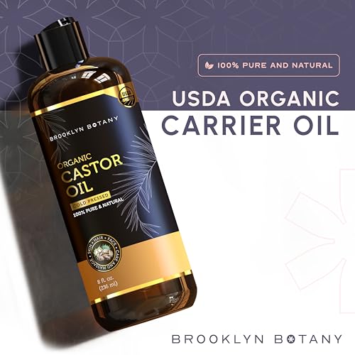 Brooklyn Botany Organic Castor Oil for Hair Growth, Eyelashes & Eyebrows - 100% Pure and Natural Carrier Oil, Hair & Body Oil - Moisturizing Massage Oil for Aromatherapy - 8 Fl Oz