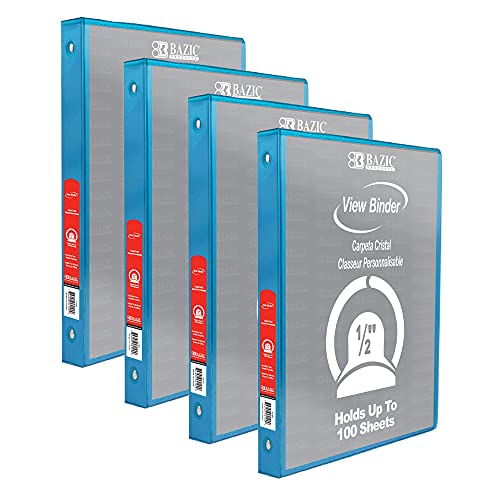 Image of BAZIC Products 1 /2 inch Cyan 3-Ring View Binder, Round Ring, 2 Pockets, 4-Pack | round rings, 1 /2 in Cyan view 3-ring binder, 2 inside pockets, holds up to 100 sheets, Durable poly cover