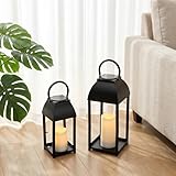 Kittmip Set of 2 Black Solar Lanterns Outdoor Metal Decorative Lanterns with 2 Candles, Large Farmhouse Hanging & Table Decor for Garden Yard Patio Porch Wedding (17'&13')
