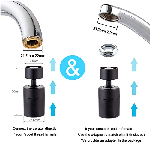 Wasserhahn Luftsprudler Aufsatz, 360 Grad Drehbar Doppelfunktion Wasserhahn-Strahlregler perlatoren für wasserhähne, Booster Dusche & Wassersparhahn für Küche Bad Waschbecken (Schwarz) - Image 7