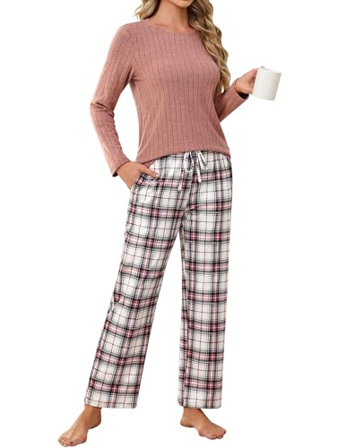 Ekouaer Schlafanzug Damen Lang Kuschelig Winter Warm Nachtwäsche Pyjama Set Kariert Pyjamahose Schlafanzug Frauen, Rosa, L
