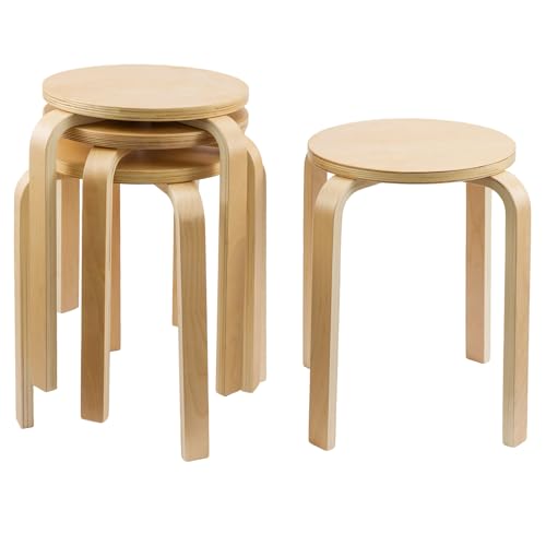 GREENSAPPIRE Lot de 4 Tabourets Ronds en Bois Empilables – 32 x 45 cm – Tabouret Scandinave en Bois Courbé, Stable et Antidérapant – Idéal Cuisine,...