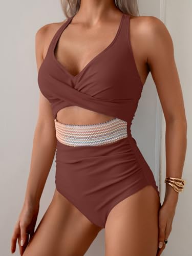 Image of B2prity Women's One Piece Swimsuit Tummy Control High Waisted Bathing Suit | Color Block,Removable Soft Cups,Cutout,V neck,Full Coverage,Adjustable Criss Cross Straps,Tie Back