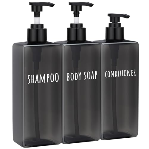 Image of Segbeauty 16.9oz Black Shampoo and Conditioner Dispenser, 3pcs Refillable Plastic Empty Body Lotion Soap Dispenser Liquid Hand Gel Container for Bathroom, 500ml Pre-Printed Large Pump Bottles Kitchen