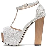  Damen Plateau High Heels Sandalen in Schwarz oder Weiß Spitze mit dicken Absatz in Holzoptik (39, Weiß)